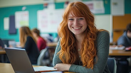 A young woman with long, wavy red hair smiles brightly at the camera while sitting at a desk in a classroom.