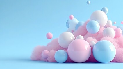 3D rendering of various pastel pink, blue, and white spheres floating on top of each other against