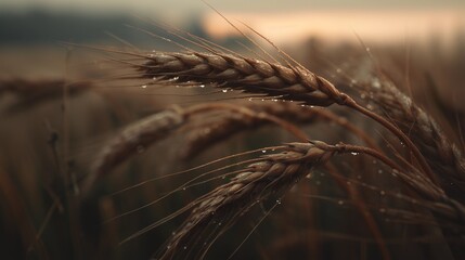 Macro photograph capturing the beauty of late summer harvest. Intricate details of ripe wheat in golden hour light, evoking nature's cycles and abundance.