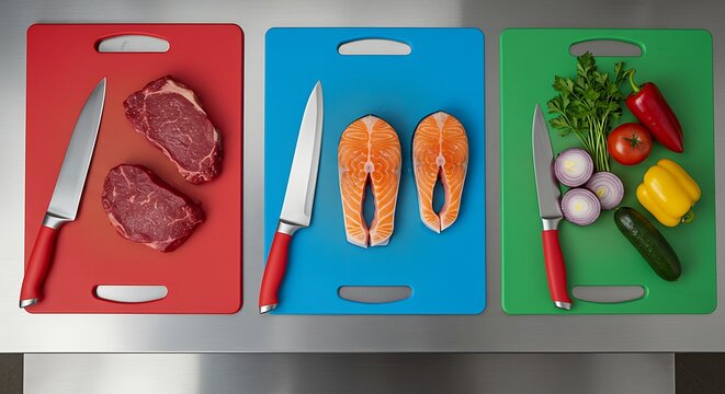 Food Preparation Meat Fish Vegetables on Color-coded Cutting Boards