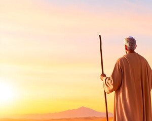 Elderly man in robe, holding staff, gazes at sunrise over distant mountains