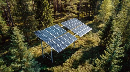 Solar Panels in Green Forest for Sustainable Energy Concept, Eco-Friendly Solar Power