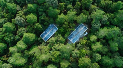 Solar Panels in Green Forest for Sustainable Energy Concept, Eco-Friendly Solar Power