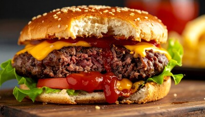 Juicy Cheeseburger with Ketchup on Wooden Board