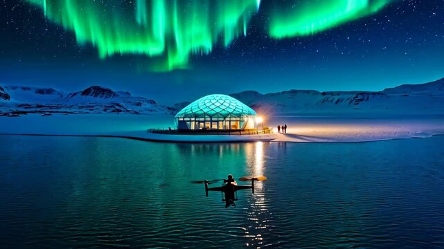aurora lodge Floating lodge lights ripple across calm fjord , aurora lodge glow reflects on water, friends share stories during magical aurora lodge night. Concept adventure on north