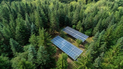 Solar Panels in Green Forest for Sustainable Energy Concept, Eco-Friendly Solar Power