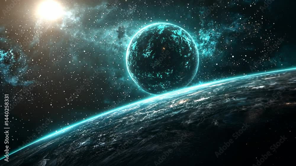 Wall mural cosmic landscape with glowing planet and starry background