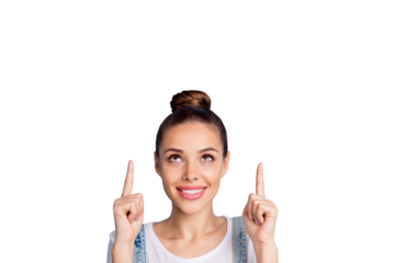 Close up photo of pretty lady looking up showing copy space wearing white t-shirt denim jeans overalls isolated over blue background