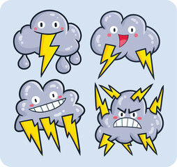 Funny and cute dark thunder cloud cartoon character illustration set