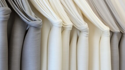 Elegant drapery fabrics cascading down in a variety of muted tones