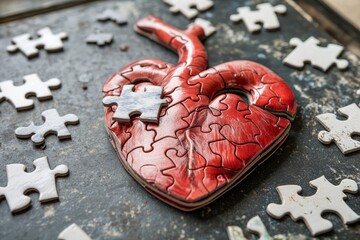 Heart-shaped puzzle on metal surface with missing pieces