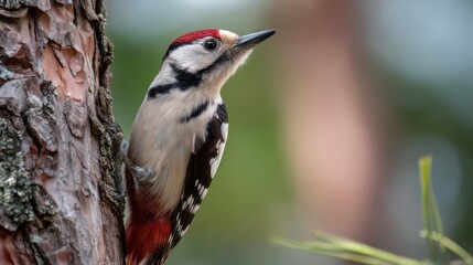 Obraz premium Great Spotted Woodpecker on Pine Tree