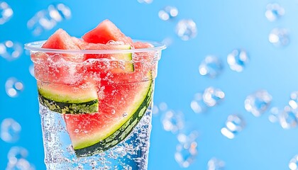 Refreshing watermelon slices in carbonated water, against a blue bubbly backdrop