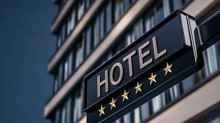 Obraz premium Hotel sign with gold stars against a modern building backdrop