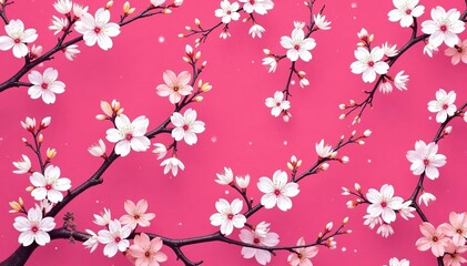 Fototapeta premium Intricate sakura branch pattern, white blossoms on dark pink, repeating design, sakura, pink, petals