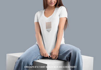 Mockup Woman V-Neck T-Shirt with a Chest Pocket