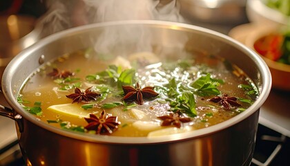Steaming Aromatic Soup with Herbs and Spices in a Pot