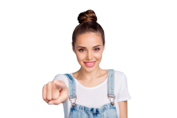 Portrait of positive girl showing her index finger wearing white t-shirt denim jeans isolated over blue background