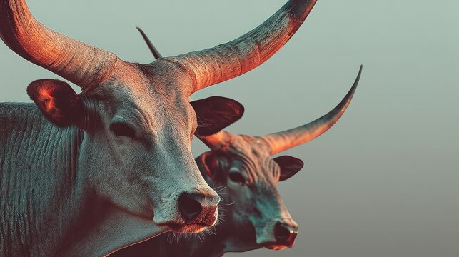 Two Ankole-Watusi cattle with dramatic, long horns