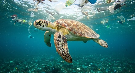 Obraz premium Sea Turtle Swimming Through Ocean with Plastic Pollution Problem