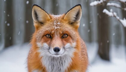 Obraz premium Majestic red fox in a snowy forest setting with soft snowfall and blurred trees in the background, capturing wildlife essence
