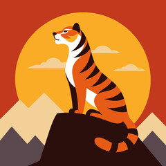 Tiger at sunset on the rocks