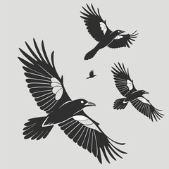 Obraz premium Stylized black and white magpie birds in flight pattern against light background