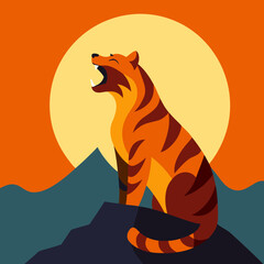 The tiger is roaring at sunset on the rocks.