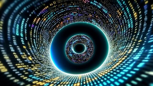 Futuristic Digital Tunnel with Binary Code in Motion and Light Effects