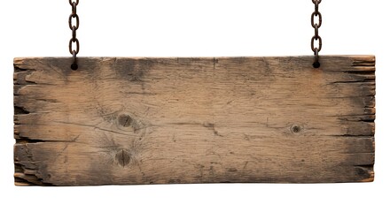 Ai image shows an old, weathered, blank wooden sign board hanging from rusty metal chains, isolated against a plain white background