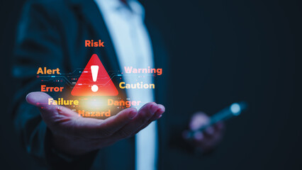 Cyber Risk Warning Businessman Hand Defends Against Digital Danger With Glowing Red Triangle Alert...