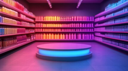 A realistic scene of an empty podium placed in front of brightly lit supermarket shelves