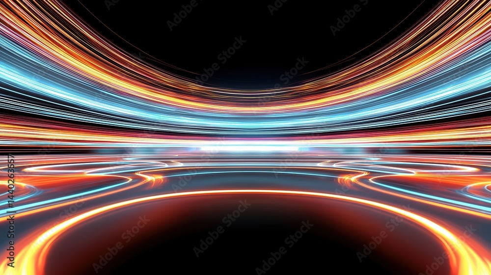 Leinwandbilder abstract futuristic tunnel with neon glowing lines in blue, orange, red colors on black background. 