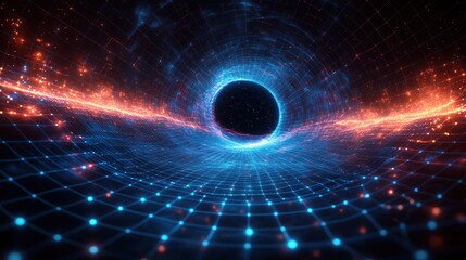 Black hole simulation with glowing particles and grid-like structure in space.