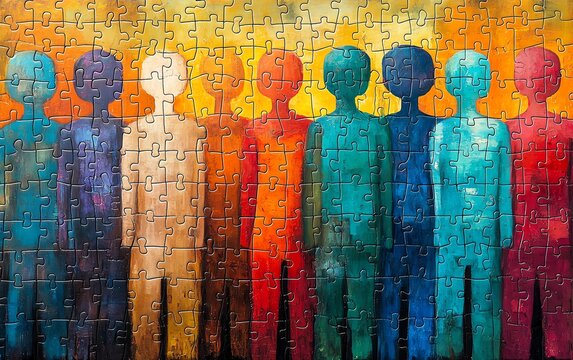 Vibrant puzzle pieces assembling into diverse human forms, abstract art symbolizing diversity and inclusion, strong bold tones, unity and equality theme, 8K detail,  masterpiece