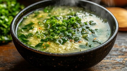 Aromatic bowl of hot soup with noodles and greens