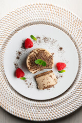 Chocolate and coffee mousse tartlets. Top view table.