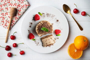 Chocolate and coffee mousse tartlets. Top view table.