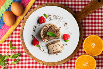 Chocolate and coffee mousse tartlets. Top view table.