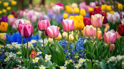 Obraz premium Enchanting panorama of a vibrant tulip field in full bloom, captivating beauty