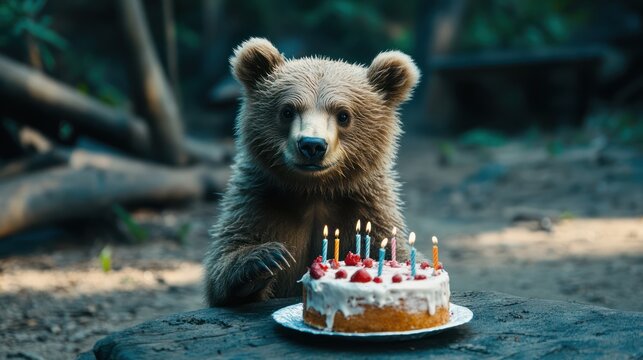 Fototapeta A sweet birthday celebration of a bear cub in the wild forest with cake