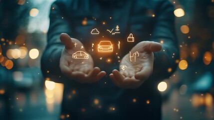 A businessman displaying virtual icons of family, car, and health against a dark background with a bokeh effect, symbolizing life insurance and personal security