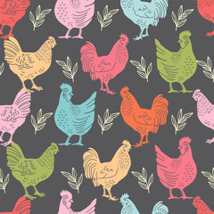 Multicolor Chickens and Rooster with Leaf Vector Seamless Pattern