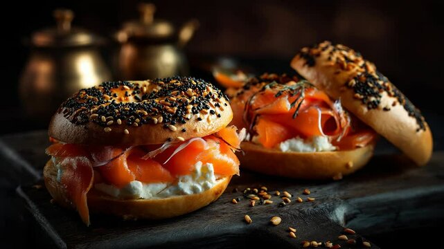 Artisan bagels topped with smoked salmon and cream cheese on a wooden platter during evening hours
