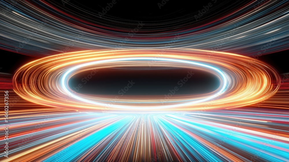 Poster abstract futuristic tunnel with neon glowing lines in blue, orange, red colors on black background. 