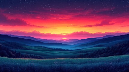 Obraz premium Landscape with rolling hills and a vibrant colorful sunset or sunrise sky.