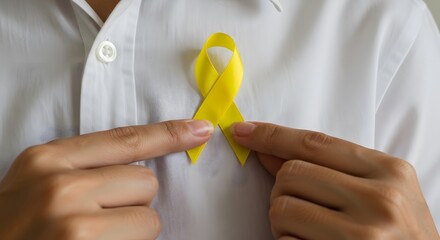 ai image Close-up on two hands carefully adjusting a yellow awareness ribbon pinned securely onto the front of a clean white shirt.