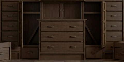 Fototapeta premium Dark Brown Wooden Cabinet with Drawers and Open Compartments Ideal for Rustic or Vintage Interior Design