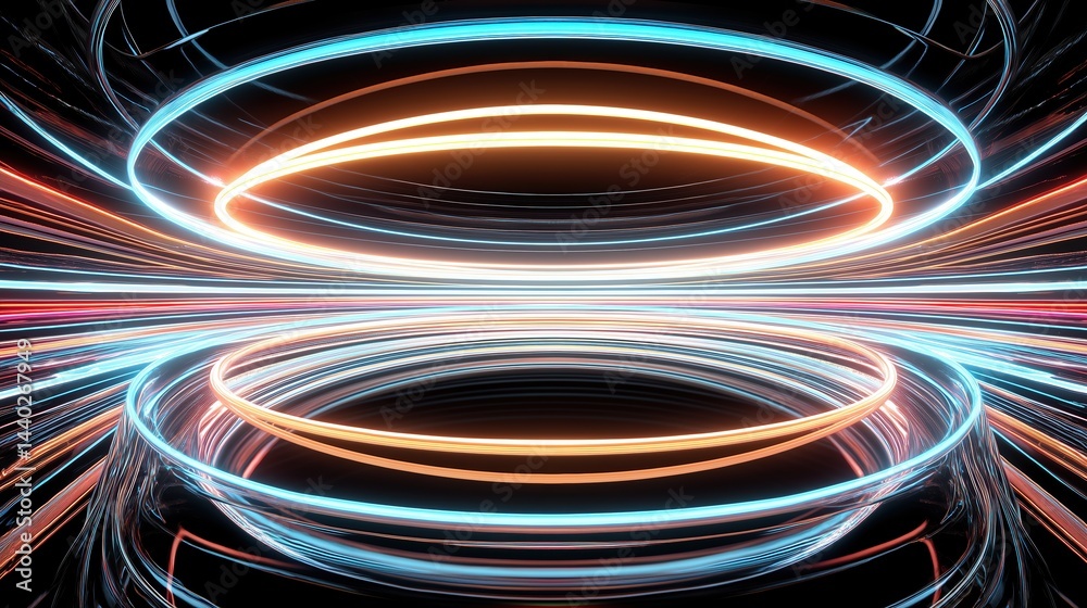 Leinwandbilder abstract futuristic tunnel with neon glowing lines in blue, orange, red colors on black background. 