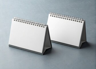 Two Blank Table Calendars with Ring Bindings on a Grayish Blue Surface in Studio Light